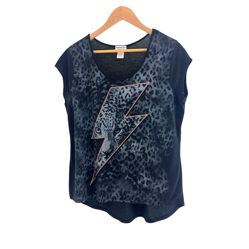 Black Animal Leopard Cheetah Print Lightning‎ Bolt Hi-Low Shirt Top Size XL